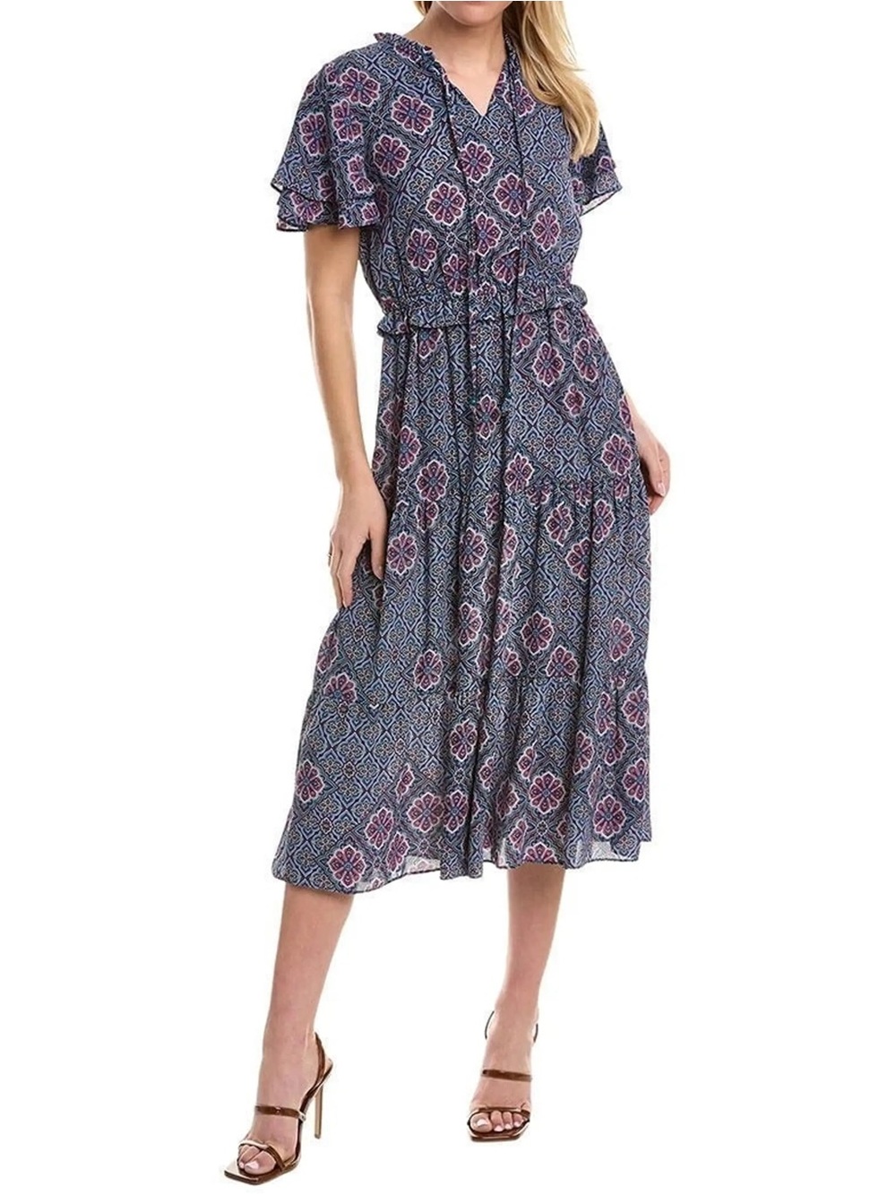 Nanette Lepore Bali Orchid Tiered Midi Dress Purple Blue Medallion Size 14